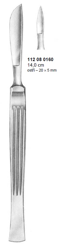 Skalpel s plochým držadlom, hrotnatý, 20x5 mm