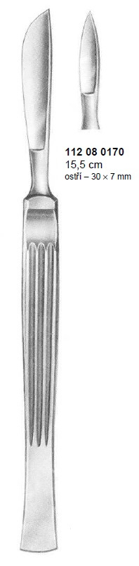 Skalpel s plochým držadlom, hrotnatý, 30x7 mm