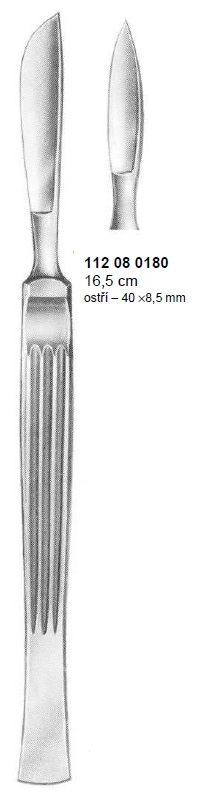 Skalpel s plochým držadlom, hrotnatý, 40x8,5 mm