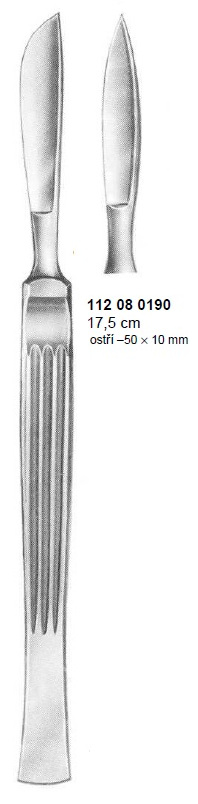 Skalpel s plochým držadlom, hrotnatý, 50x10 mm